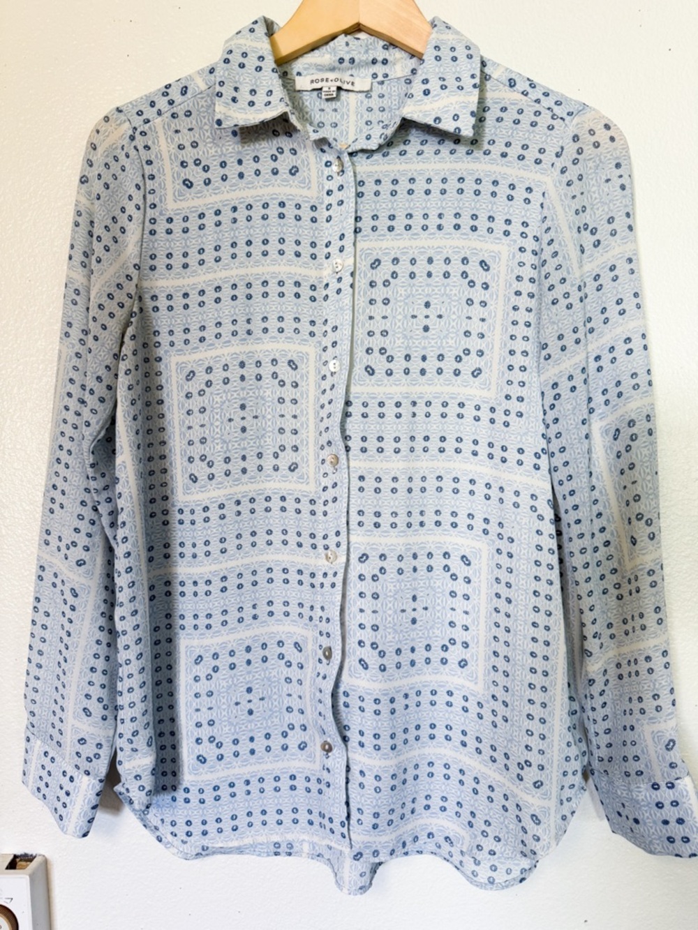 Rose & Olive Blue Bandana Print Button Down Blouse Western Rodeo Layering Top